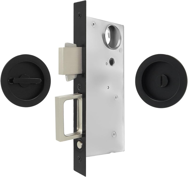 Foswdero Pocket Door Handles with Lock, Pocket Door Hardware with Pull for Bathroom Bedroom, Modern Rectangle, Pop-Up Design, Fits Doors from 1 3/8" to 2" Thick (Matte Black, 1808) - Image 1